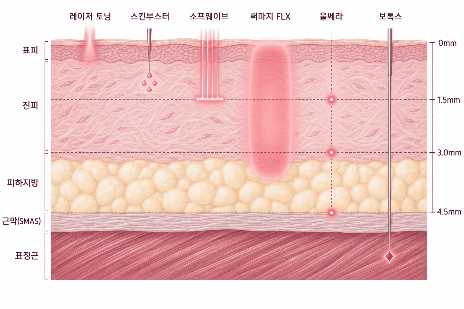 피부 단면 그림. 위에서부터 표피, 진피, 피하지방, 근막(SMAS), 표정근 순서이고 깊이는 0mm, 1.5mm, 3.0mm, 4.5mm로 표시되어 있다. 레이저 토닝은 표피와 진피 윗부분, 스킨부스터는 진피 위쪽, 소프웨이브는 1.5mm 중간 진피, 써마지 FLX는 진피 전체에서 피하지방 위쪽까지, 울쎄라는 1.5mm·3.0mm·4.5mm 세 깊이에 초점이 있고 4.5mm는 근막(SMAS)층, 보톡스는 표정근에 닿는다.
